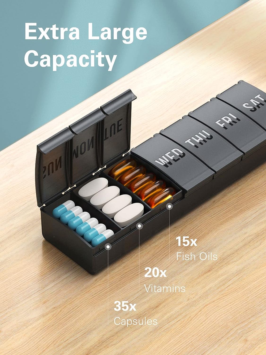 Large Pill Organizer - Weekly, Daily Vitamin Case Box - Large Capacity